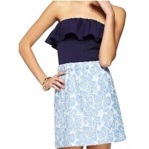 LILLY PULITZER Athens Mini Dress Linen Cotton Blue Eyelet Strapless Coastal M